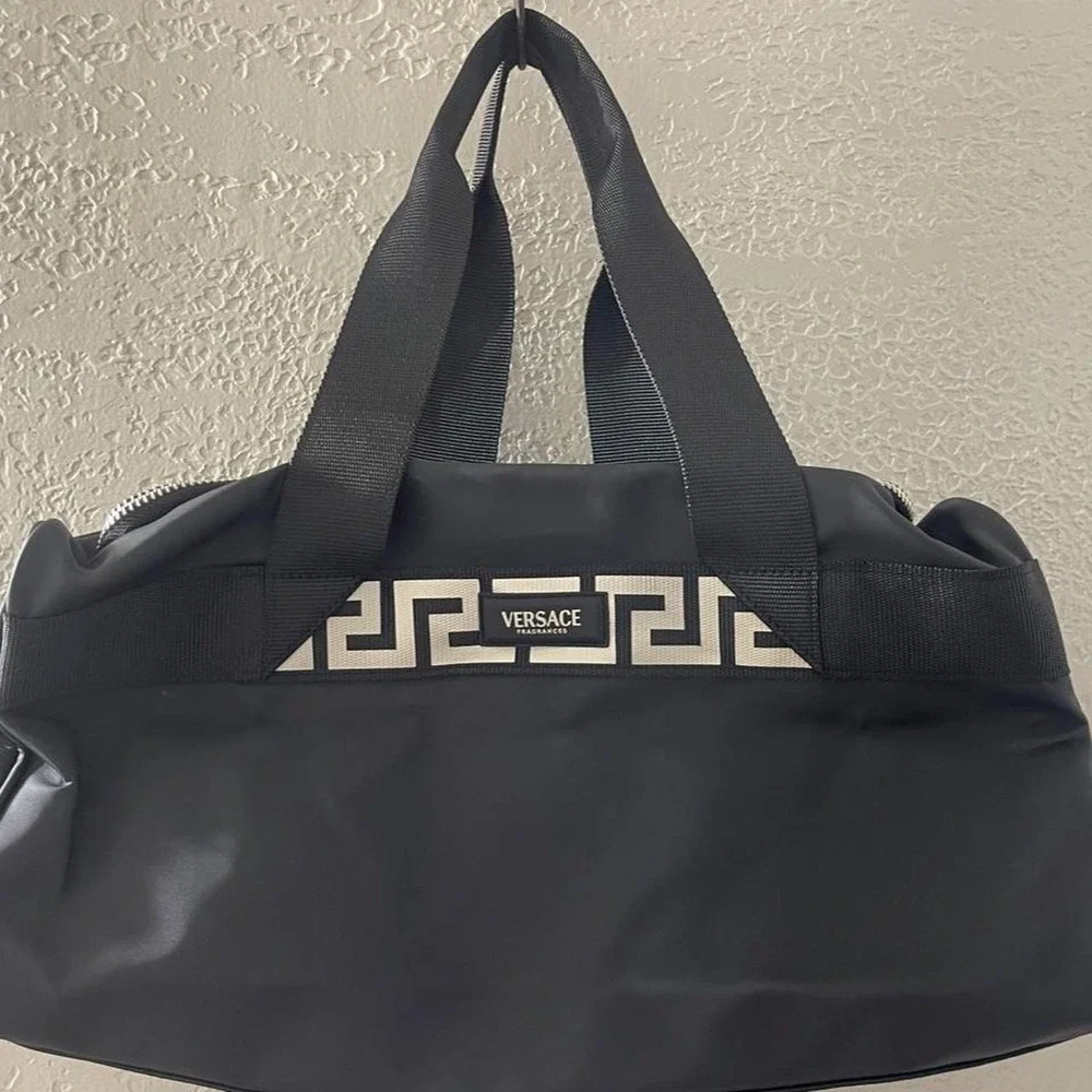 NWT Versace black nylon duffle bag with white Greek key pattern